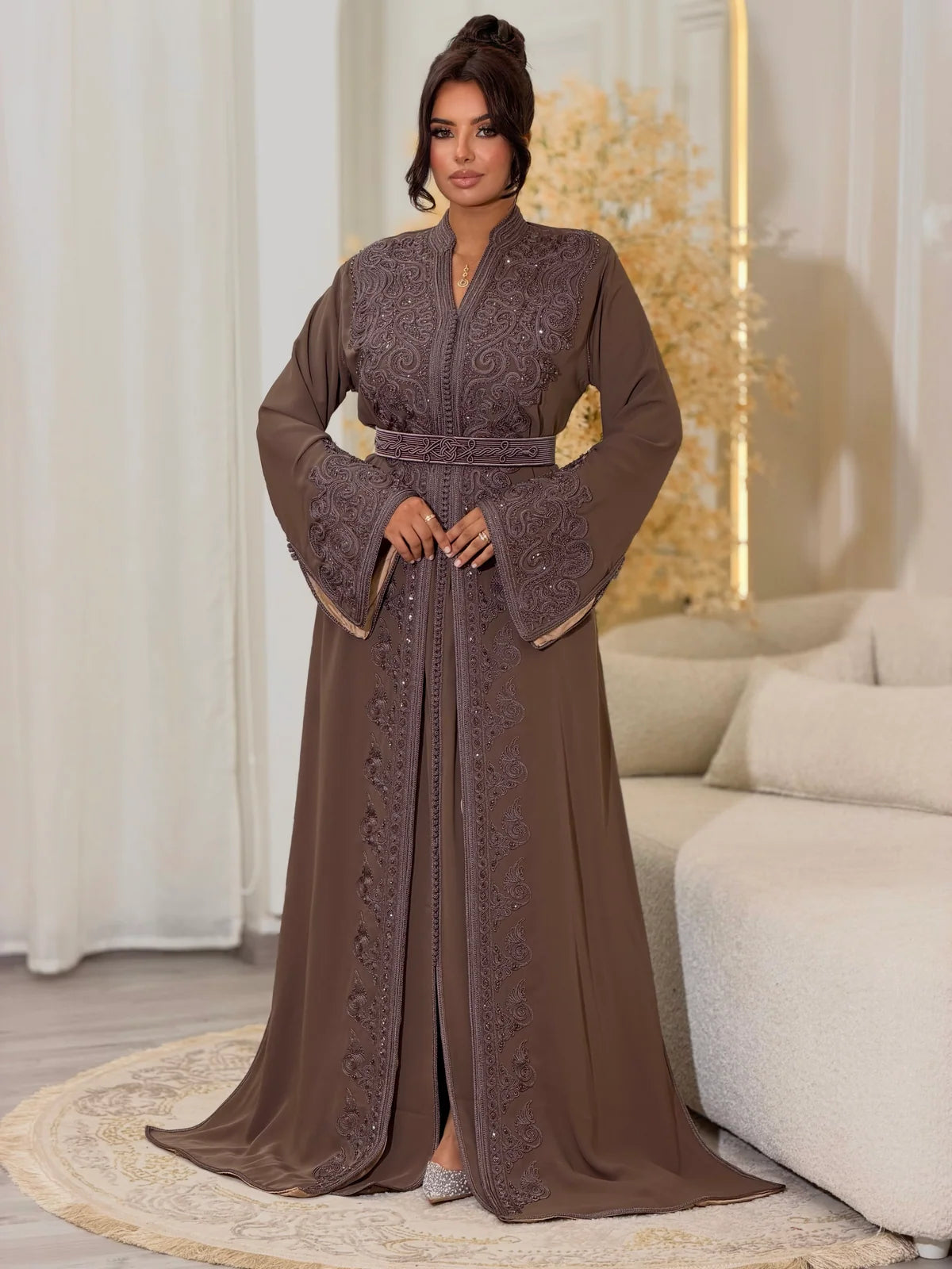 Wijdane brown Moroccan takchita with tonal embroidery, wide cuffs and a matching belt
