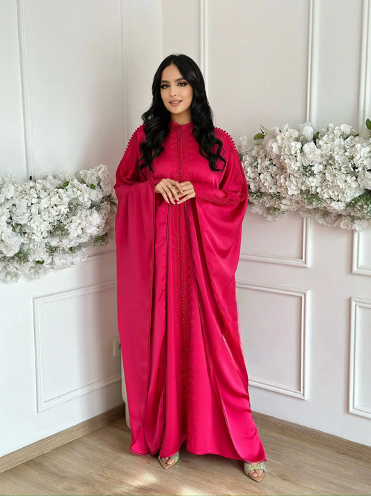 Abaya Kaltoum Rosa – Elegante tunica marocchina da casa e ricevimenti – vista del prodotto 2