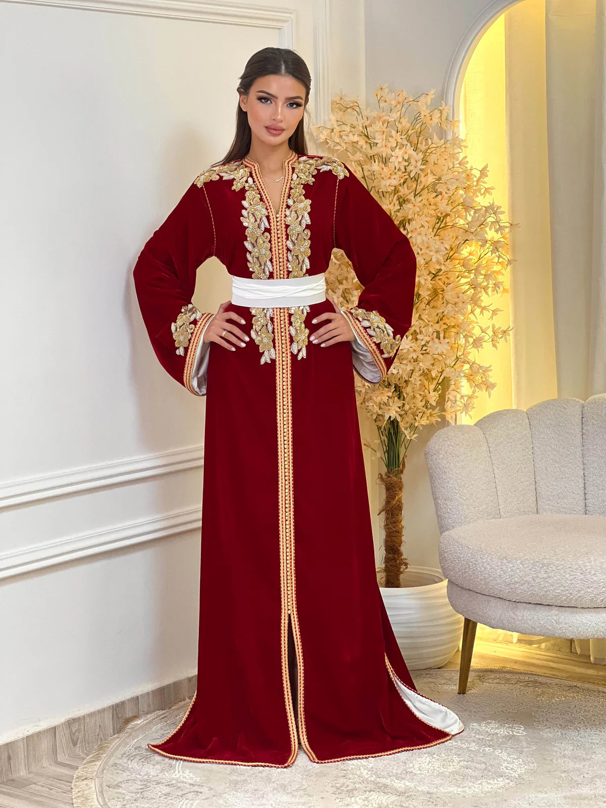 Dania Red Kaftan – Handcrafted with Gold Pearl Beadwork