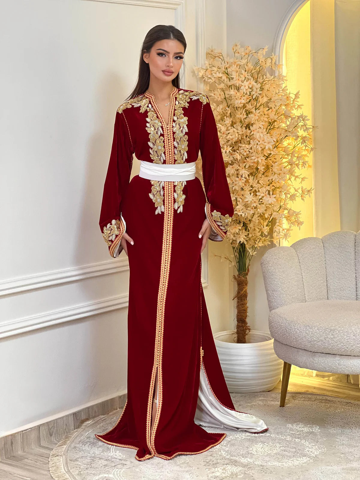 Dania Red Kaftan – Handcrafted with Gold Pearl Beadwork