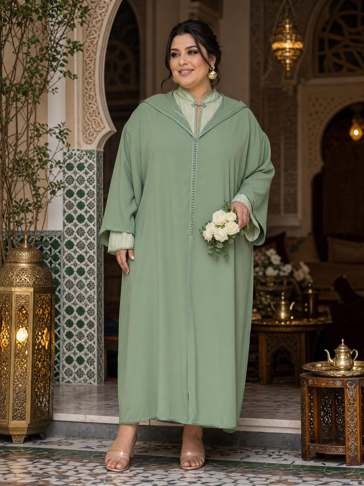 Djellaba Sakina Verde – Tunica marocchina casual per il quotidiano — plus-size model