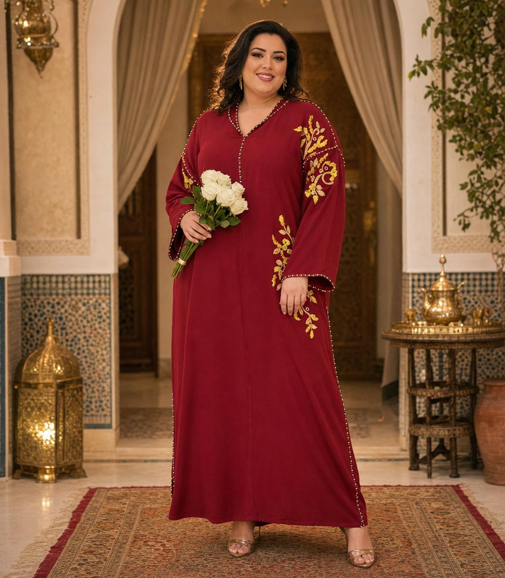 Djellaba Souad Bordeaux – Tunica marocchina casual per il quotidiano — plus-size model