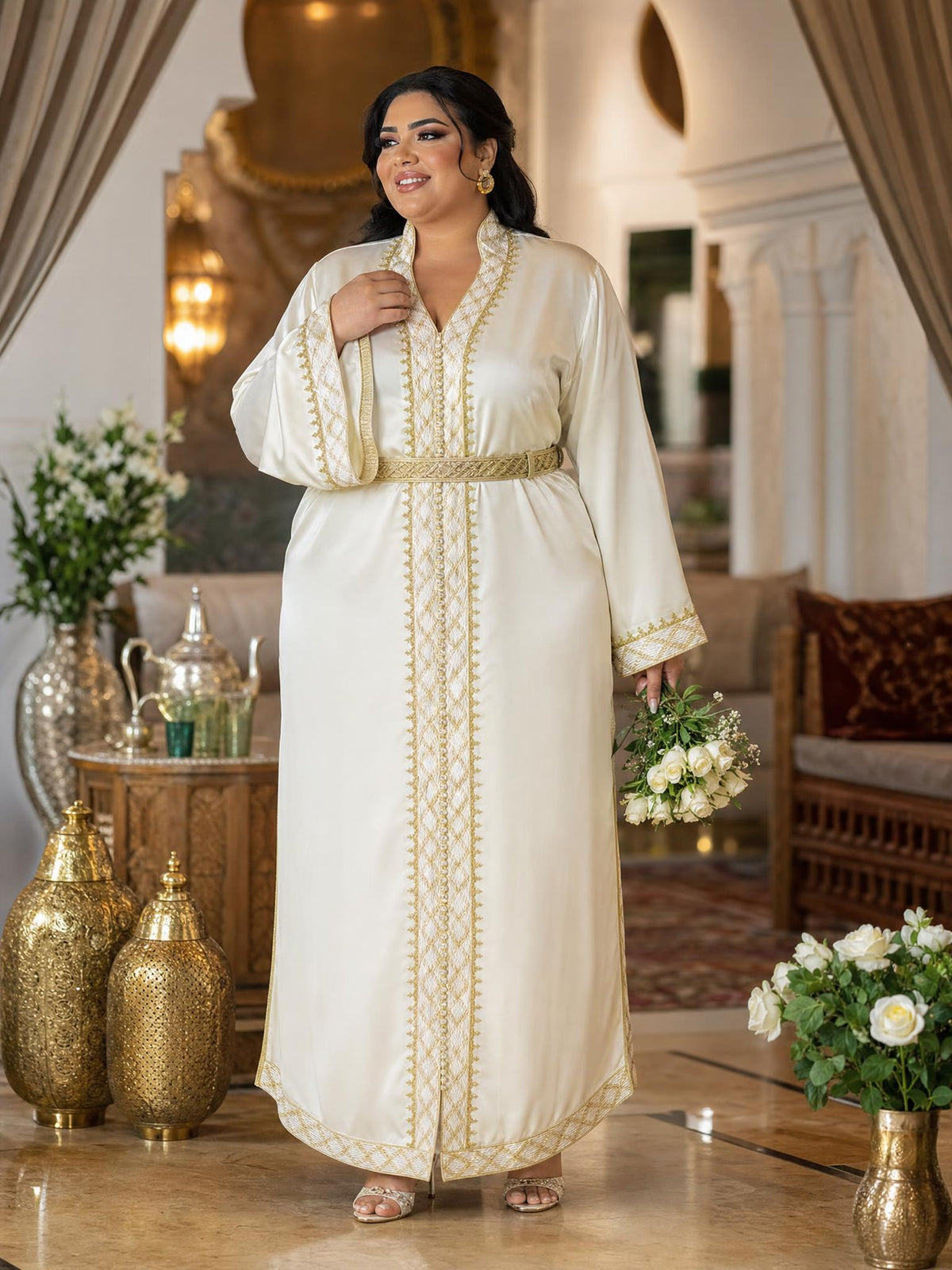 Baraa White Kaftan – Handcrafted Moroccan Dress \u2014 plus-size model