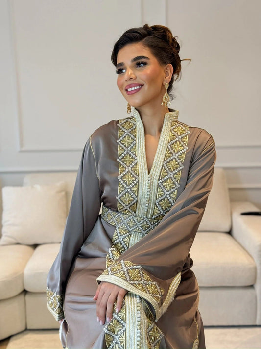 Boutaina handcrafted Moroccan kaftan dress with hand-set embroidery