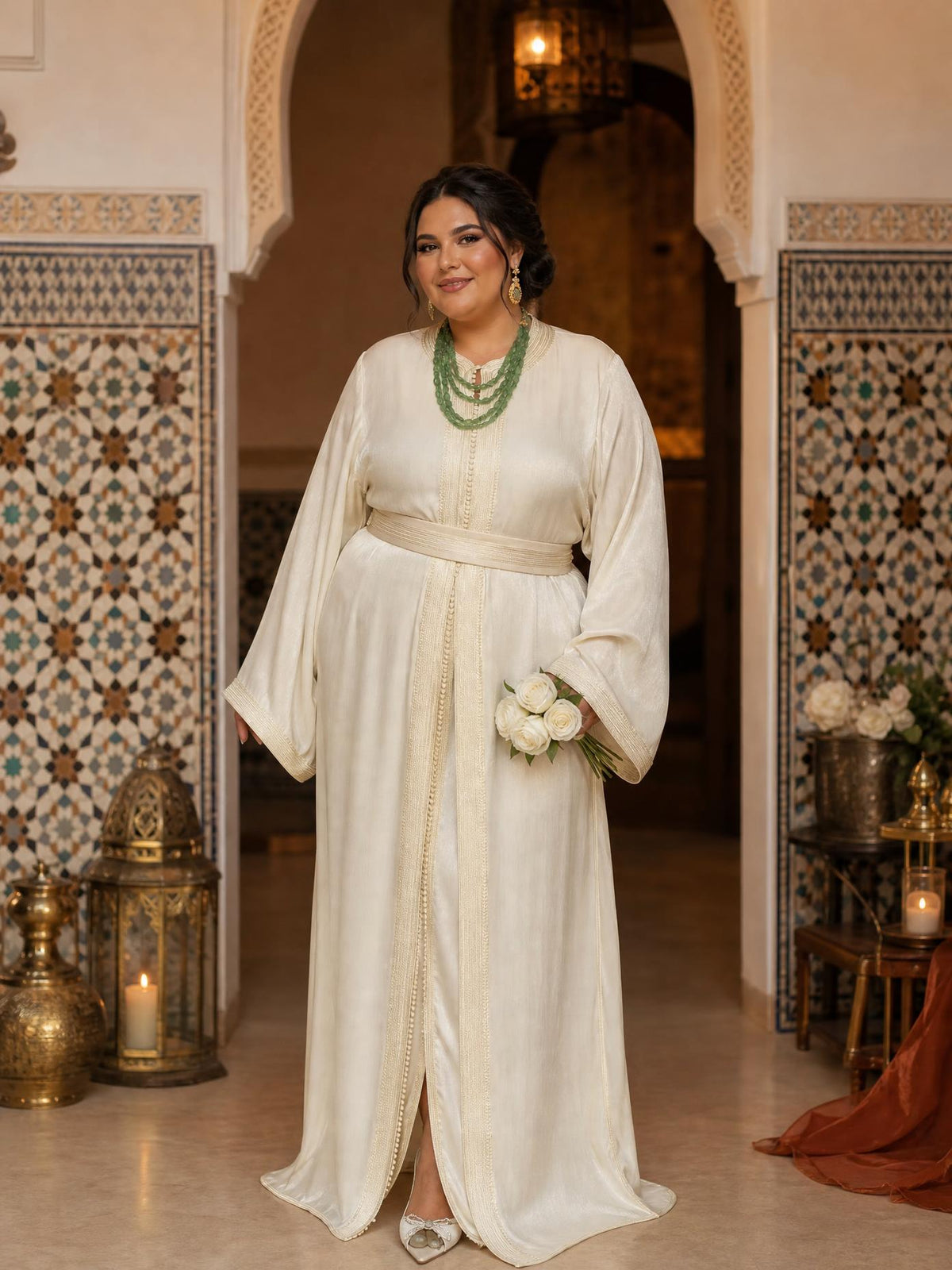 Dalida White Takchita – Two-Piece Moroccan Ceremonial Dress \u2014 plus-size model