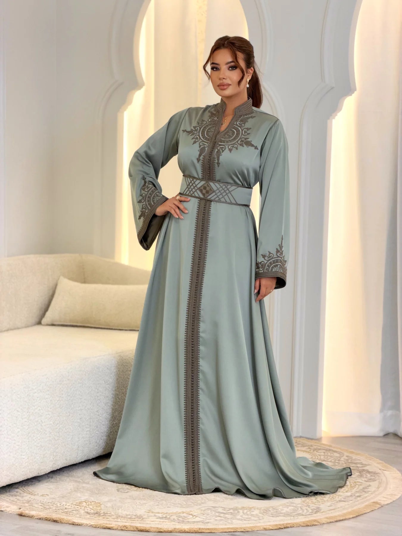 Hoyam Grey Kaftan – Handcrafted Moroccan Satin Dress – product view 5