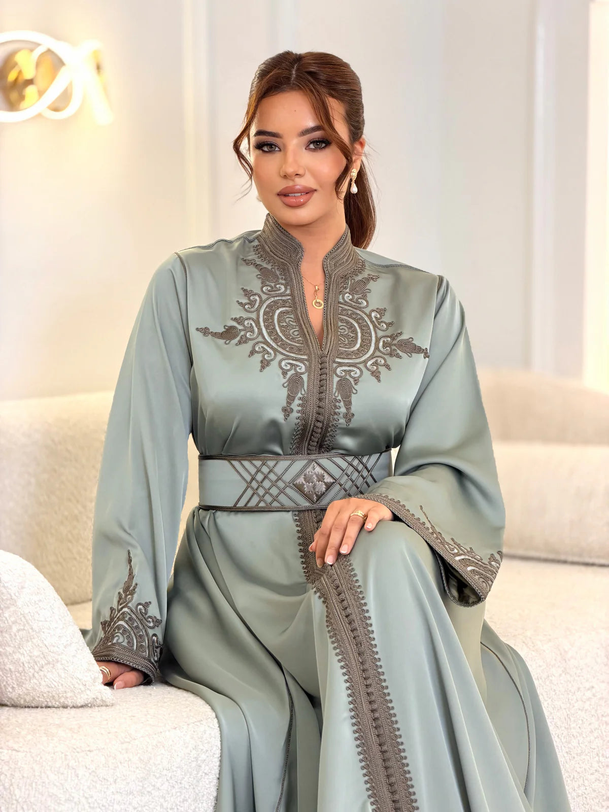 Hoyam Grey Kaftan – Handcrafted Moroccan Satin Dress – full length view