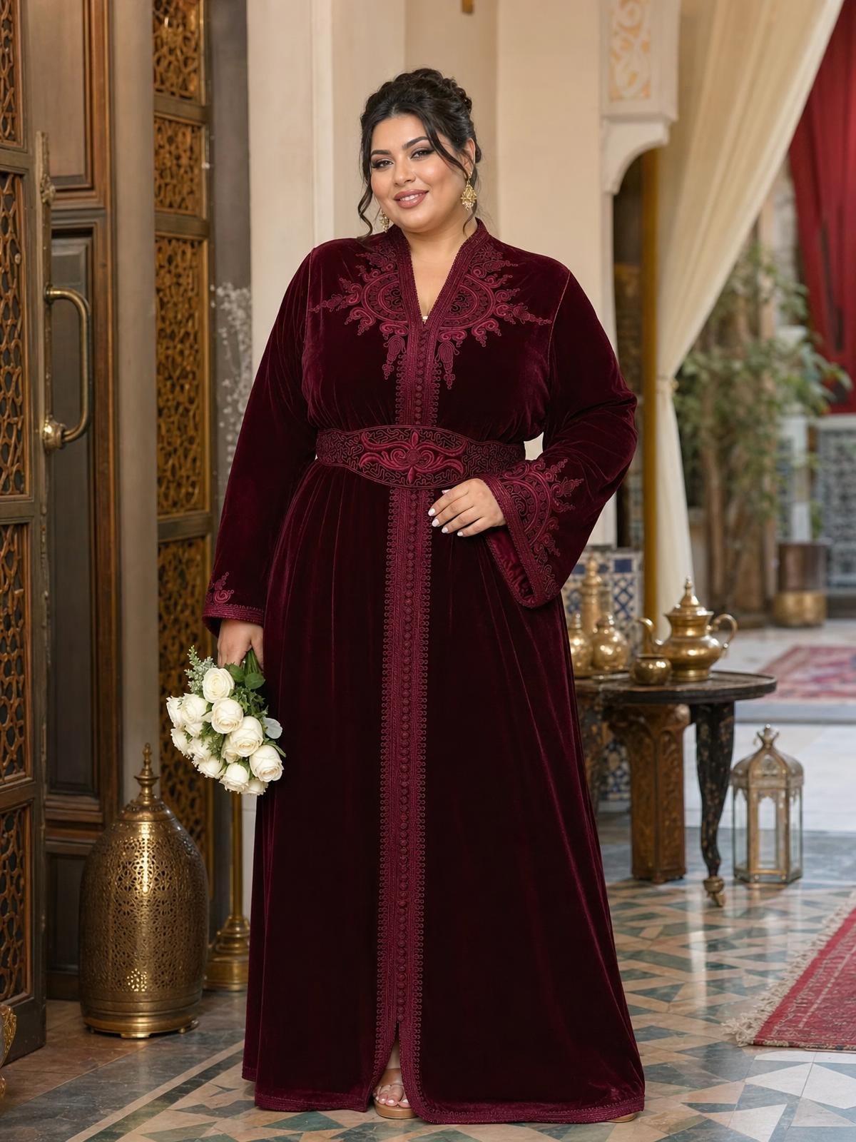 Insaf Burgundy Kaftan – Handcrafted Moroccan Dress \u2014 plus-size model