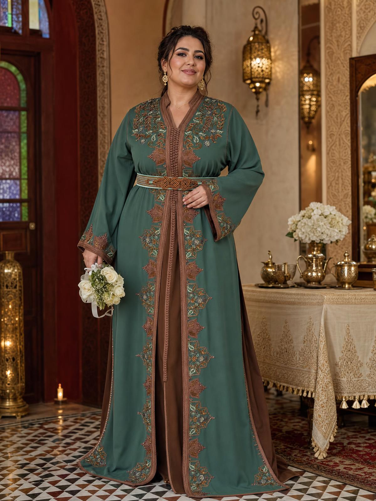 Takchita Keltoum Verde – Abito da Cerimonia Marocchino in Due Pezzi — plus-size model
