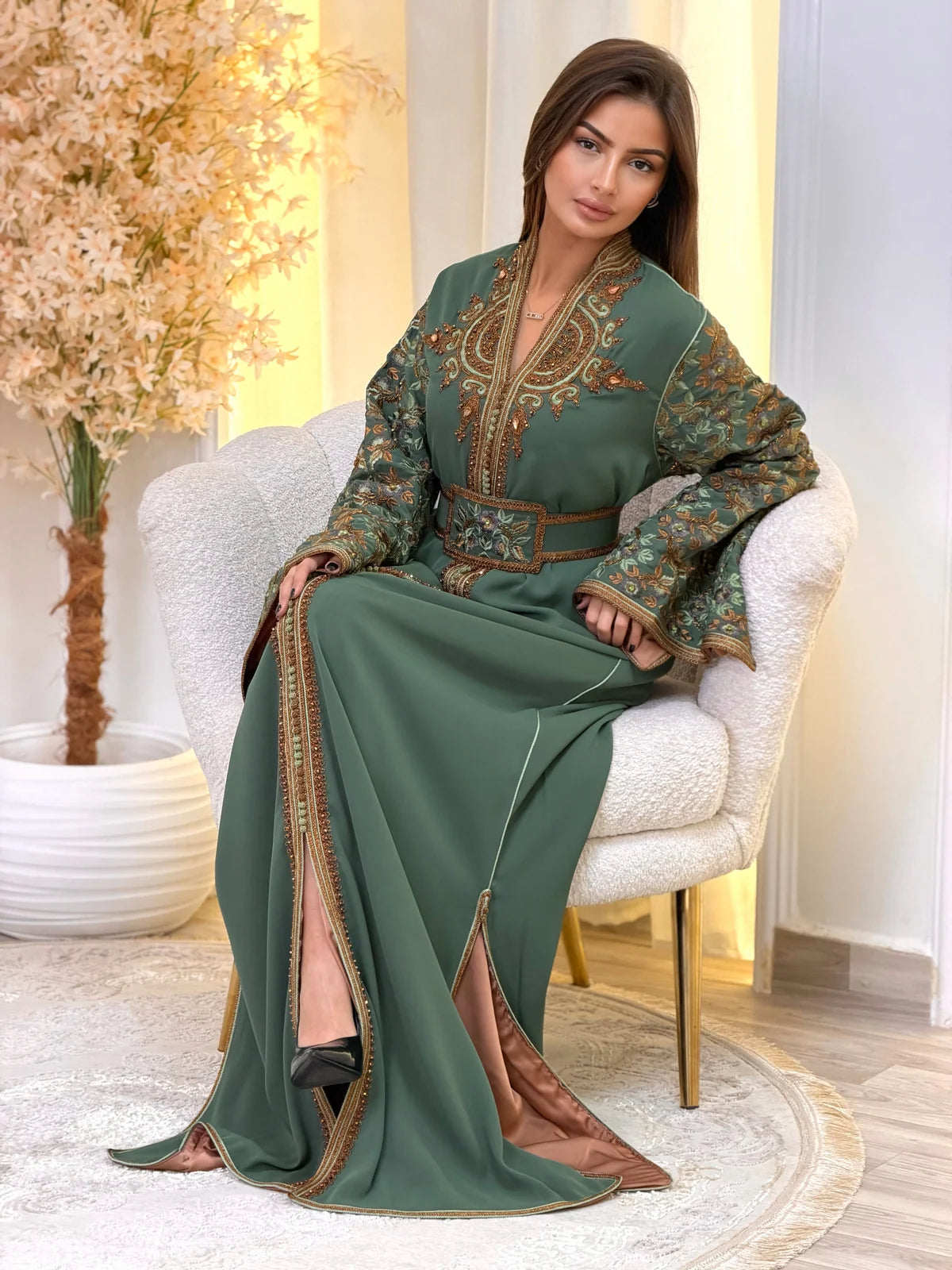 Nariman Green Kaftan – Handcrafted Moroccan Dress – full length view